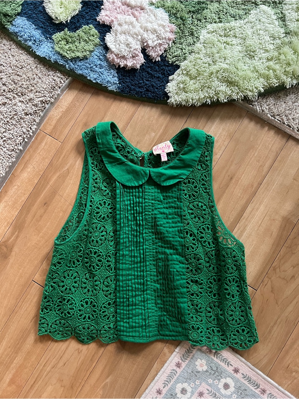 Green Eyelet Crochet Peter Pan Collar Tank Top